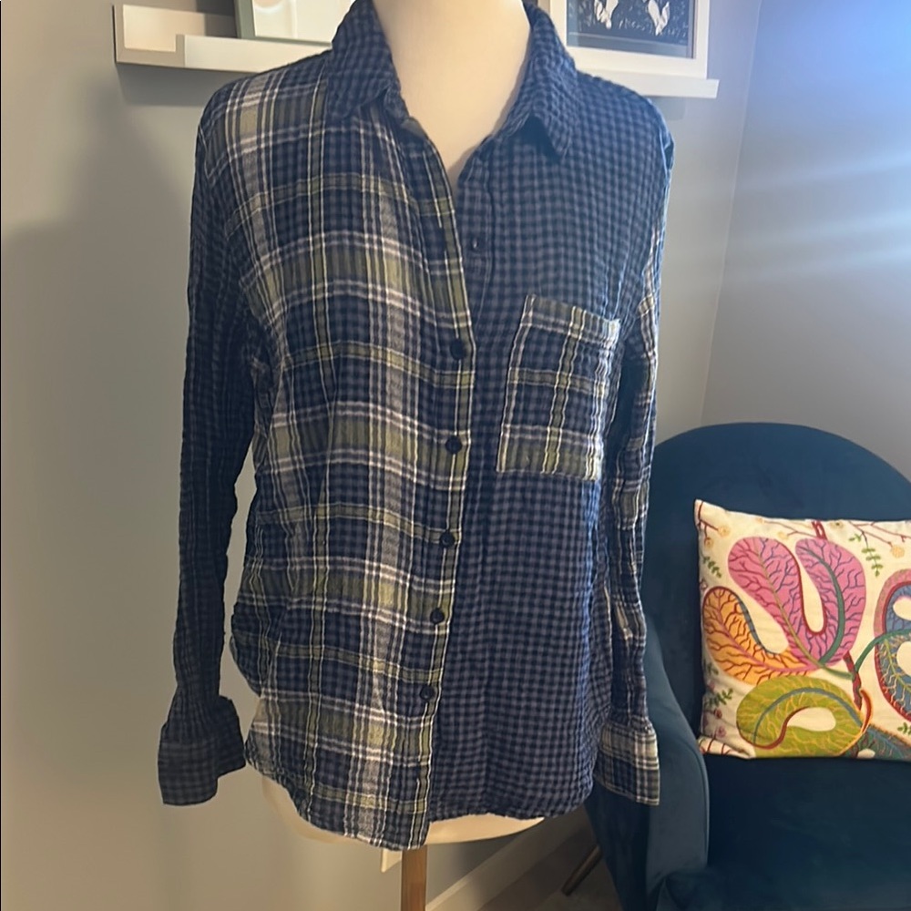 Treasure & Bond Blue and Green Plaid Button-Up Shirt